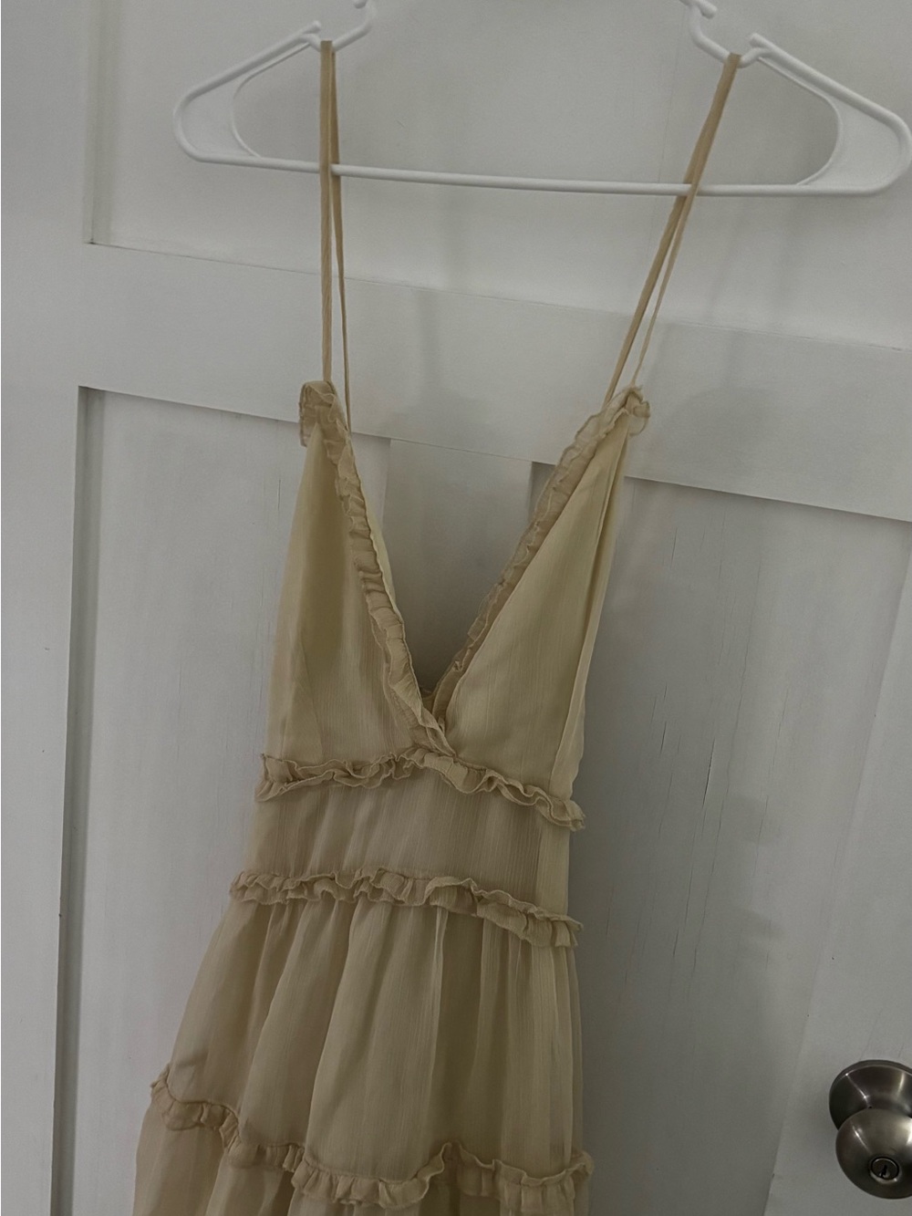 Sheer Ruffled Spaghetti Strap Dress - Beige